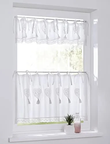 Kutti Scheibengardine Bistrogardine Panneaux Landhaus Camille weiß Herz Häkelspitze Baumwolle Bindebänder 120 x 25 cm