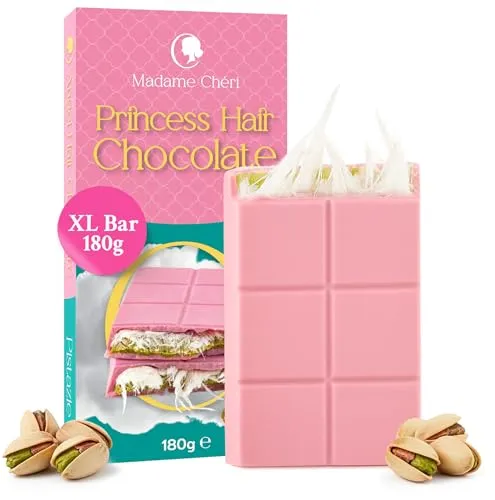 Madame Chéri Angel Hair Schokolade 180 g – Handgefertigt gefüllt mit Pismaniye & Pistaziencreme – zartschmelzend & rosa - mit türkischer Zuckerwatte – Ohne künstliche Farbstoffe