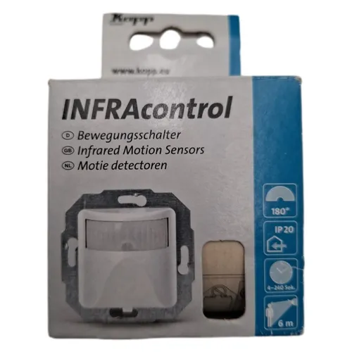Kopp 805800010 Infra Control 2D 180° UP IP20 - Bewegungsaktivierter Wandschalter für Unterputzserien Europa, Paris, Malta mit 180° Erfassungswinkel, ideal für effiziente Lichtsteuerung.