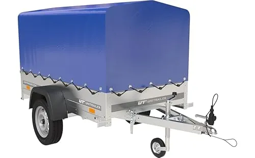 UNITRAILER Garden Trailer 200 Kipp – Robuster PKW Anhänger mit Hochspriegel - Anhänger: Dieser vielseitige PKW Anhänger mit blauer Hochplane und Stützrad bietet ein maximales Gesamtgewicht von 750 kg, ideal für den Transport von Gütern.