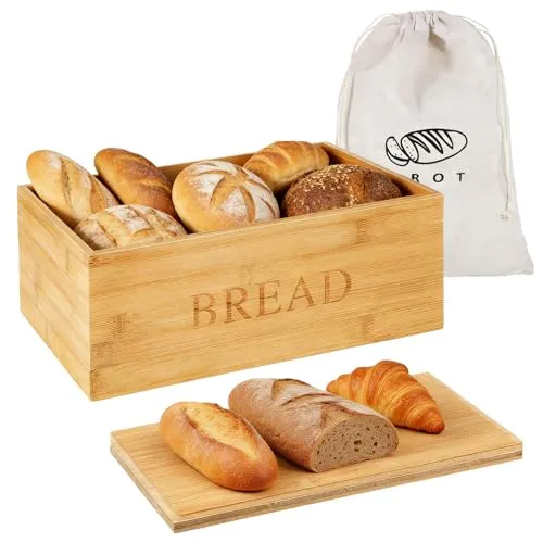 Brotkasten, Brotkasten Holz Mit Deckel und Leinenbeutel, Brotkaste Mit Schneidebrett, 33*19*13cm Brotkäste Für Die Küche, Brotbox Holz Mit Geschlossenem Design Für Brot, Röstbrot Und Gebäck