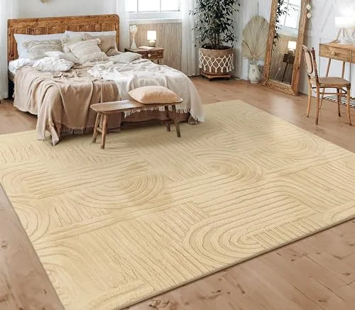 Paco Home Teppich Beige 80x150 cm - Teppich im skandinavischen Boho Design, weich und fußbodenheizung geeignet, ideal für Wohnzimmer, Schlafzimmer oder Flur.