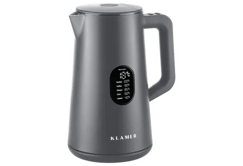 KLAMER Edelstahl Wasserkocher mit Temperatureinstellung - Wasserkocher mit 1,5L Fassungsvermögen und 5 Temperatureinstellungen von 40-100°C, ideal für Tee und Babynahrung. Schnelles Erhitzen dank 1800W Leistung und BPA-frei für sicheres Kochen.