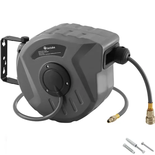 tectake 800801 Druckluftschlauch Aufroller mit ¼ Zoll Schnellkupplung - Schlauchaufroller für mehr Ordnung in der Werkstatt, mit automatischer Aufrollfunktion und abnehmbarer Wandhalterung für einfache Handhabung.