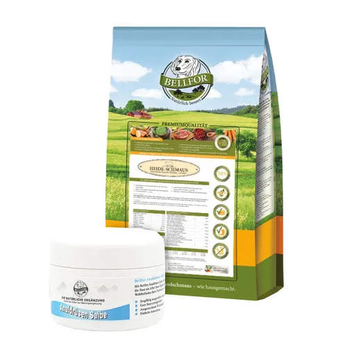 Bellfor Futterset für mittelgroße Hunderassen mit Analdrüsenentzündung - Futterset für mittelgroße Hunderassen, enthält hochwertiges Trockenfutter und pflegende Analdrüsen Salbe für eine gesunde Kotkonsistenz und Linderung von Beschwerden.