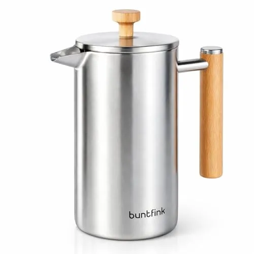 Buntfink French Press Thermo 1L – Edelstahl & Holz, doppelwandig isoliert