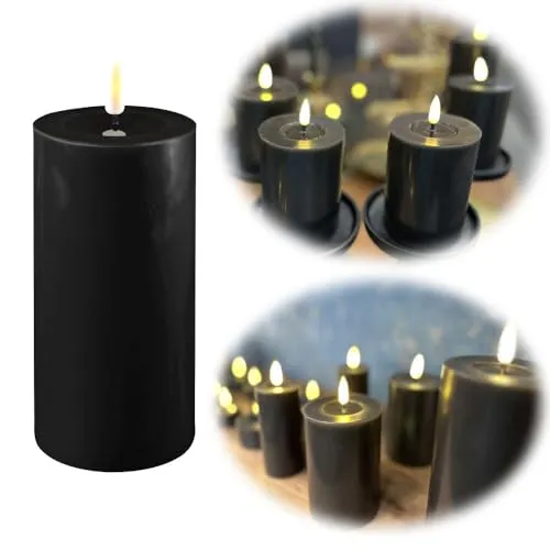 LS-LebenStil Real Flame 3D LED Stumpenkerze Ribe Schwarz 10x7,5cm Deluxe Echtwachs Wachsspiegel flackernde Kerzen Echtwachsspiegel Blockkerze opt. Timer und Fernbedienung