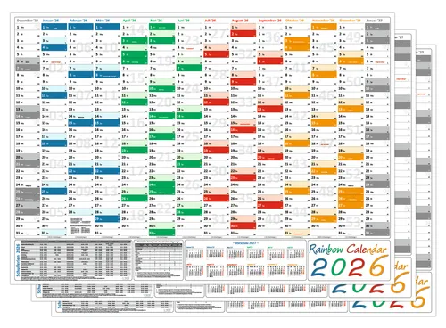 3x Rainbow XL Wandkalender DIN A2 2026 gerollt Wandplaner Ferien & Feiertage