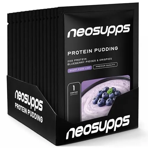 Neosupps Protein Pudding Blueberry – High Protein Dessert, 15x30g Portionen - Der cremige Protein Pudding liefert 20g Eiweiß pro Portion und ist mit nur 1,0 bis 1,5g Zucker ideal für bewusste Ernährung. Praktische 30g Sachets sorgen für einfachen Genuss unterwegs oder im Büro.