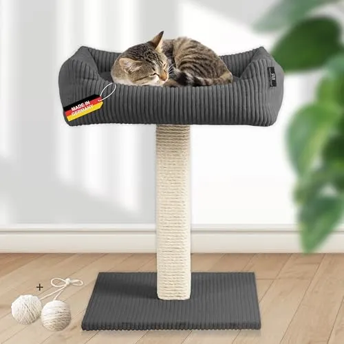 Rohrschneider Katzenbaum Wolly | Hochwertiger Kratzbaum mit kuscheligem Katzenbett - Katzenmöbel aus deutscher Fertigung, stabil und belastbar bis 15 kg. Der breite Kratzstamm und der weiche Cordstoff bieten optimalen Kratz- und Schlafkomfort.