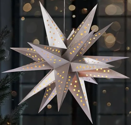 BRUBAKER 3D Weihnachtsstern für Innen - 60 cm XXL Leuchtstern - Batteriebetrieben mit Timer - LED Stern Hängend - Adventsstern für Fensterdeko und Weihnachtsdeko - Papierstern Weihnachten - Silber