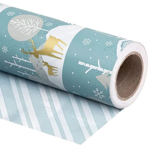 Weihnachtsgeschenkpapier Mini-Rolle Blau Rentier-Streifen 43,2 cm