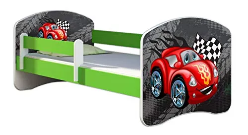 ACMA Kinderbett Jugendbett mit Einer Schublade und Matratze Grün mit Rausfallschutz Lattenrost II 140x70 160x80 180x80 (05 Rote Auto, 160x80)