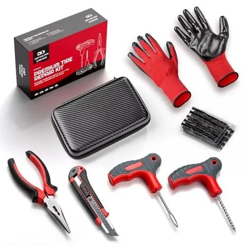 Reifenreparaturset für Auto, Motorrad, LKW, 20 Streifen und Koffer | T-Griff-Werkzeug, Spiralraspel, Zange, Cutter, Handschuhe und Koffer für schlauchlose Reifen