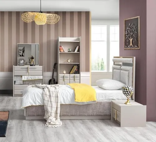 Kinderzimmer Set Top-Qualität: Kinderbett, Nachttisch, Bücherregal, Kommode Beige - Praktisches 4-teiliges Set für das Kinderzimmer in modernem Design. Enthält Bett, Nachttisch, Kommode und Bücherregal – ideal für eine stilvolle und funktionale Einrichtung.