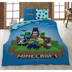 KK SHOPPING Minecraft Bettwäsche-Set 135x200 cm, 80x80 cm - Bettwaren-Set für Kinder, 2-teilig und pflegeleicht, mit original Minecraft Design in Blau und Grün – ideal für kleine Fans!