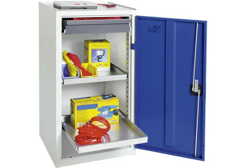 STUMPF Werkzeug- und Materialschrank Serie 3000 lichtgrau / enzianblau - Stabiler Werkzeugschrank mit schlag- und kratzfester Oberfläche. Ausgestattet mit 1 Schublade und 2 höhenverstellbaren Wannenböden für optimale Organisation. Hergestellt in Deutschland mit 5 Jahren Garantie.
