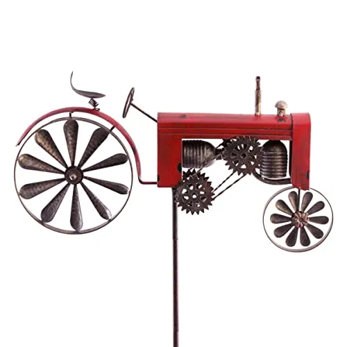 CIM Metall Gartenstecker mit Windrad - Traktor Rot - wetterfest - mit Antik-Effekt - Windräder: Ø18cm, Motiv: 51x32cm, Gesamthöhe: 160cm – attraktive Gartendekoration