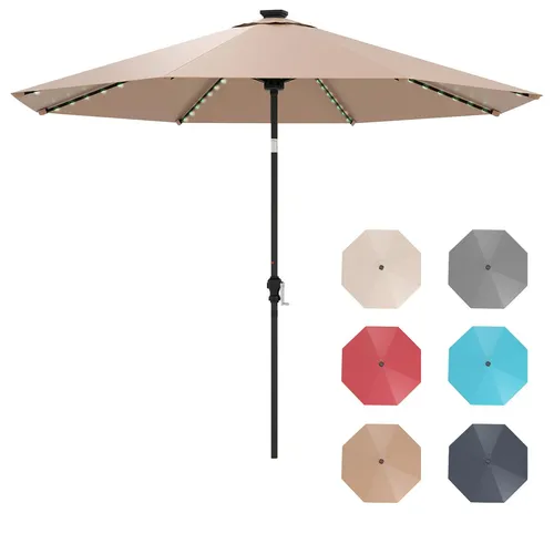 GOPLUS Sonnenschirm 300 cm mit LED Solar Beleuchtung, 9 Modi, um 35°knickbarer Terrassenschirm, Gartenschirm mit Kurbel, Braun