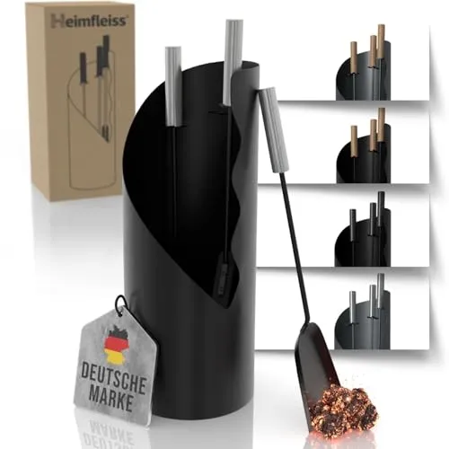 Heimfleiss® Kamingarnitur – Modernes Kaminbesteck aus Stahl & Holz - Kaminbesteck 3-teilig oder 4-teilig, stilvolles Design mit hitzebeständigen Materialien und ergonomischen Griffen für eine einfache und effiziente Nutzung.