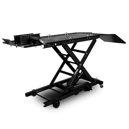 BITUXX Scherenhebebühne Motorradheber 360kg - Hebebühne für Motorräder mit hydraulischem Antrieb, max. Hubhöhe 78 cm, inklusive abnehmbarer Auffahrrampe und Radsicherung – ideal für Werkstätten und Heimmechaniker.