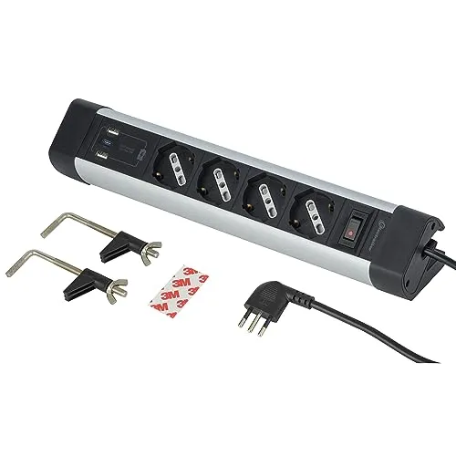 Electraline 61918 Mehrfachsteckdose für Schreibtisch, 4 Plätze, vielseitig, Schuko + 10/16 A, mit 3 USB (2 USB A 3.0 A + 1 USB C 20 W Power Delivery), Kabel H05VV-F 3G.1, Länge 2 m,