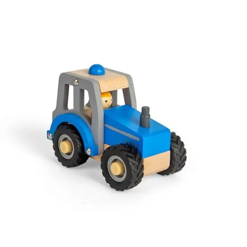 Bigjigs Toys Mini Blauer Traktor – Holzfahrzeug für den Bauernhof mit realistischen Gummireifen & Fahrerfigur, Spielzeugtraktoren & -Lastwagen für Kinder, Geschenke für Kleinkinder, ab 12+ Monaten