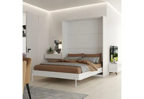 SMARTBett Schrankbett Classic 160x200cm Vertikal Weiss - Wandklappbett für Gästezimmer & Büro, mit geräuschlosen Gasdruckfedern für müheloses Öffnen und Schließen. Maximale Traglast von 300kg und integrierte Ablage für persönliche Gegenstände.