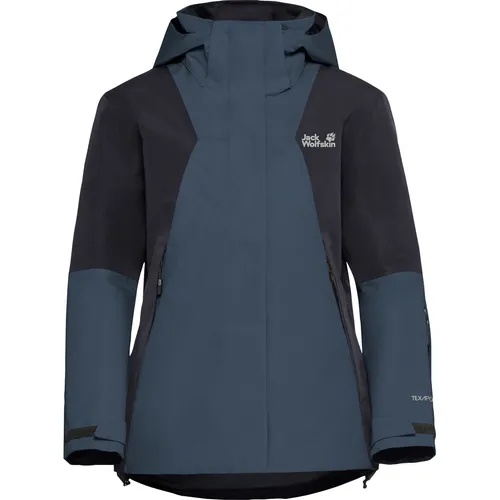 Jack Wolfskin Skijacke FLOWLINE 2L INS JKT W blau L (42/44) - Wintersport-Bekleidung, atmungsaktive und wasserdichte Skijacke mit regulierbarer, abnehmbarer Kapuze für optimalen Schutz bei jedem Wetter.