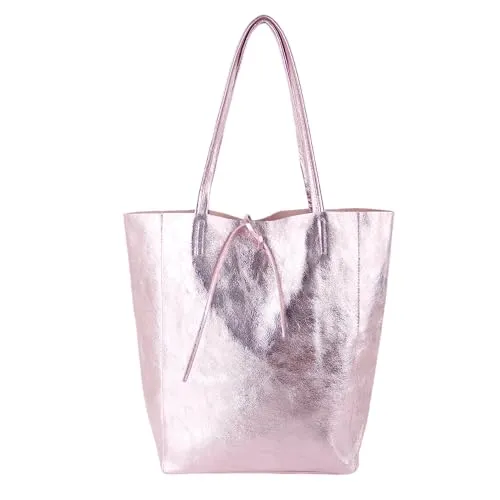 MIRROSI Shopper Damen aus Echtleder – Made in Italy – Henkeltasche & Tragetasche 38x38x16 cm – Einkaufstasche in vielen trendigen Farben – passt für A4-Ordner (Metalic Rosa)