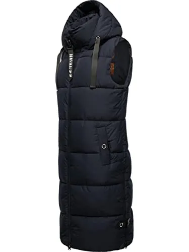 Navahoo Damen ärmellose Lange Outdoorweste Schnuffelchen Navy Gr. S - Funktionsjacken: Warme, ärmellose Langweste mit verstellbarer Kapuze, ideal für kalte Tage und sportliche Aktivitäten, bietet Bewegungsfreiheit und viele Taschen.