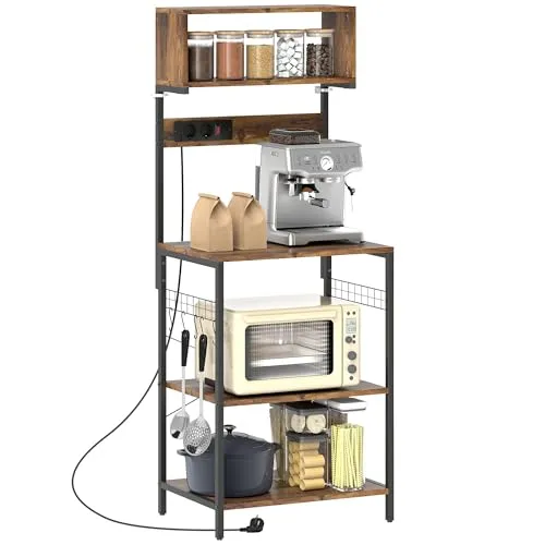 HOMCOM Küchenregal, Standregal mit 5 S-Haken, 5 Ablagen, Steckdose, Kaffeebar mit X-Streben, Bäckerregal aus Stahl für Küche Esszimmer, Rustikal-Braun, 60 x 42 x 153 cm