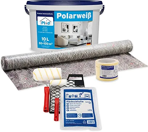 Plid Wandfarbe Weiß Matt 10l + Anstreichset - Innenfarbe für Neu- und Renovierungsanstriche, deckt bis ca. 70m² und sorgt für ein perfektes Finish auf verschiedenen Untergründen.