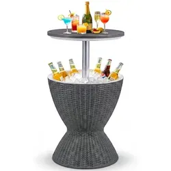 COSTWAY 3 in 1 Cool Bar, höhenverstellbarer Beistelltisch, 30L Outdoor Bier- und Weinkühler in Rattanoptik, Getränkekühler mit Abflussloch, Grau - Grau