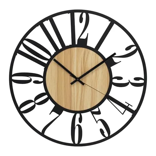 K&L Wall Art große MDF Holz Wanduhr XL Industrielle Metalluhr Vintage Wohnzimmeruhr lautlos Quartz Uhrwerk ohne Tick-Geräusche (Ahorn Holzoptik, Ø 50cm)
