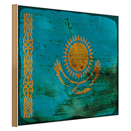 Holzschild Flagge Kasachstan 40x30cm Kazakhstan Rost