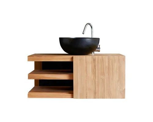 Tikamoon Waschtisch Waschbeckenschrank aus Teakholz 90 Typo - Eleganter Waschtisch aus massivem FSC® Teakholz, ideal für kleine Bäder. Mit praktischer Schiebetür und Ablageflächen bietet er stilvollen Stauraum.