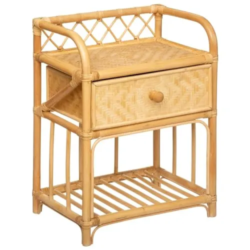 Atmosphera Nachttisch Aoni - Rattan Beige - Eleganter Nachttisch aus Rattan mit Schubladenfront aus Sperrholz und Bambusfurnier, ideal für ein stilvolles Schlafzimmer. Maße: 45x30x60 cm.