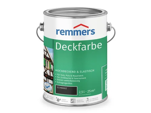 Remmers Deckfarbe schwarz, 2,5 Liter - Hochdeckende Wetterschutzfarbe für Innen und Außen - Beizen – Remmers Deckfarbe bietet exzellenten Wetterschutz und UV-Schutz, ideal für Holz, Zink und mineralische Untergründe. Perfekt für Gartenhäuser, Zäune und mehr.