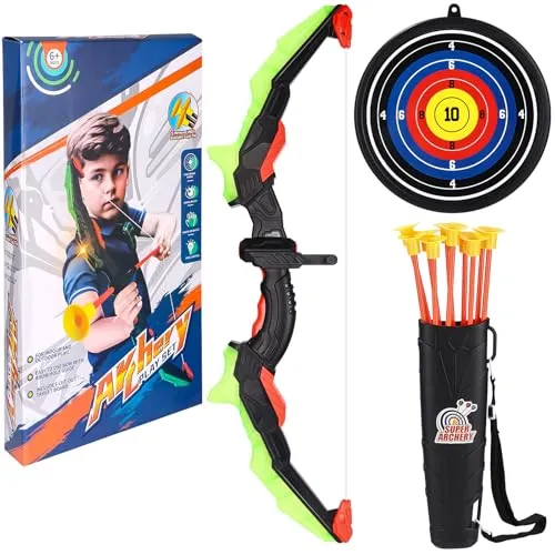 Beleuchtetes Bogenschießset für Kinder, Pfeil und Bogen Spielzeug Set mit LED-Leuchten für Kinder von 4-12 Jahren, 10 Saugnapfpfeilen, Zielscheibe und Köcher für Jungen und Mädchen (Green)