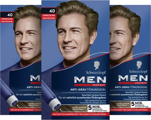 Schwarzkopf Men Perfect Anti-Grau Tönungs-Gel 40 Dunkelblond - Haarfärbemittel für Männer, ideal zur schnellen Grau-Abdeckung in nur 5 Minuten. Mit Meeresmineralien für ein natürliches Farbergebnis. Perfekt für coloriertes Haar.
