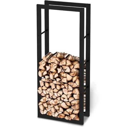 holz4home® Kaminholzregal aus Metall Schwarz 150x25x60 cm - Aschesauger und Kaminholzregal in einem, inkl. praktischen Ofenhandschuh für sicheres Handling und elegantes Design aus robustem Metall.