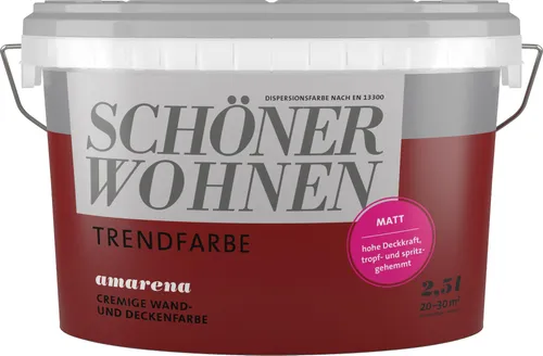 SCHÖNER WOHNEN FARBE Wandfarbe SW Trend 2,5L amarena 3511 - Hochdeckende, scheuerbeständige Dispersionsfarbe für Innen, ideal für Allergiker. Die tropfgehemmte Konsistenz sorgt für einfache Verarbeitung und verringert Abriebspuren durch die Touch-Protect-Ausstattung.