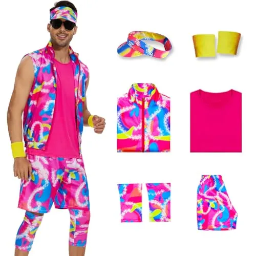 AYYOHON 80er Jahre Workout-Kostüm-Outfit-Zubehör-Set 2023, Film, Halloween, Cosplay, Oufits für Männer und Frauen, Shorts-Set, S