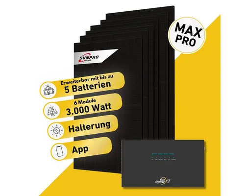 Balkonkraftwerk SunEnergyXT 500 Pro Komplettset 3000W - Komplettset mit 6 leistungsstarken Solarmodulen (3000 W) und innovativem Stromspeicher für effiziente Energienutzung. Ideal für Balkonanlagen, mit flexiblen Montagemöglichkeiten und hoher Zuverlässigkeit.
