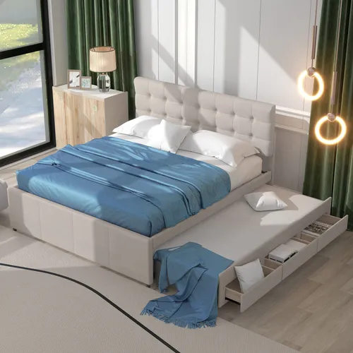 Beige Polsterbett 140x200 cm mit Lattenrost und Schubladen - Praktisches Stauraumbett mit höhenverstellbarem Kopfteil und zusätzlicher Liegefläche. Ideal für modernen Wohnraum, inklusive 3 Schubladen für optimale Raumausnutzung.