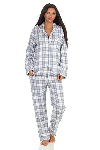 Damen Langarm Flanell Pyjama Schlafanzug kariert - 202 201 15 602, Farbe:Karo blau, Größe:44/46