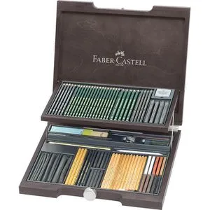 Faber-Castell 112971 - Pitt Monochrome Holzkoffer, 86 Teile - Permanent-Marker, exklusiver Holzkoffer aus wengefarben gebeiztem Holz mit Komplettsortiment an Pitt Monochrome Zeichenprodukten für kreative Künstler.