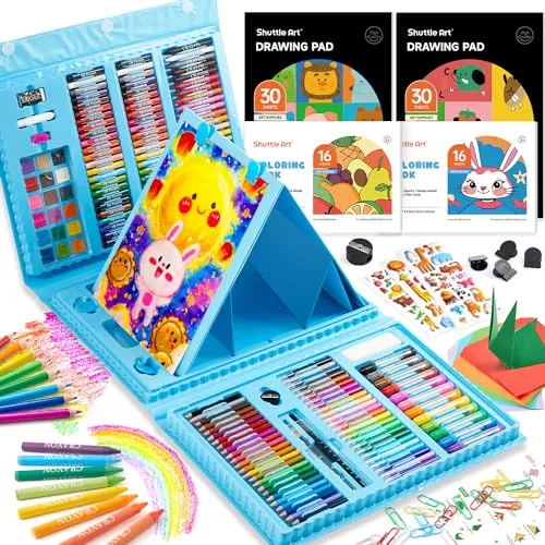 Shuttle Art Malkoffer Kinder, 335 teiliger blaues Malset für Kinder und Anfänger, Malkasten zum Malen und Zeichnen, Malset mit Wasserfarben, Wachmalstifte, Buntstifte, Malstifte, Künstlerkoffer