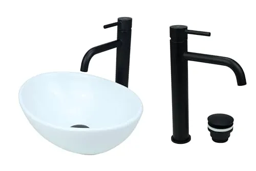 GTM Design Aufsatzwaschbecken Glanz Set mit Waschtischbatterie und Stopfen